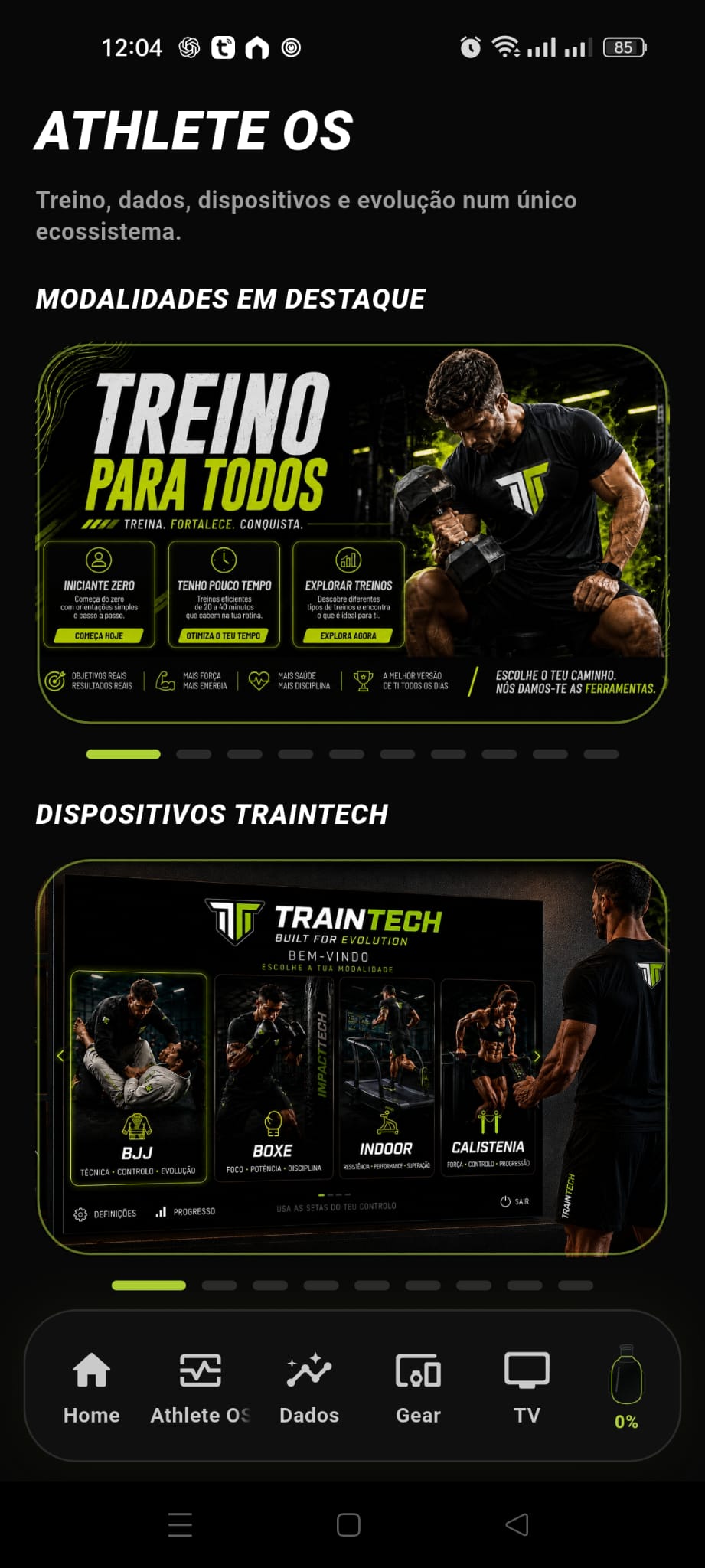 Ecrã real do Athlete OS com modalidades e dispositivos