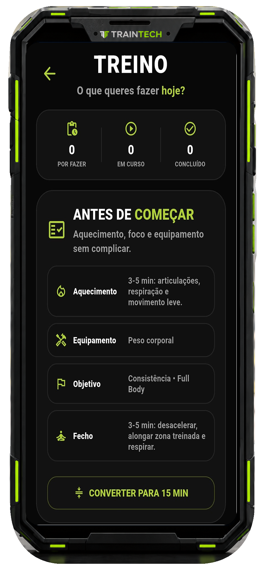 Ecrã Treino do Athlete OS no telemóvel TrainTECH