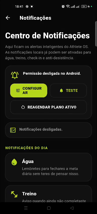 Centro de notificações real do Athlete OS